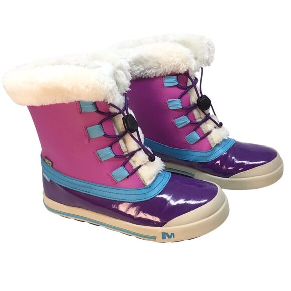 Merrell Spruzzi Boots Waterproof Winter Kids Girls Snow 6M Purple Blue Furry - Picture 1 of 10